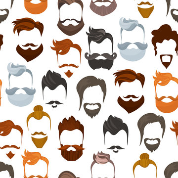Seamless pattern of men cartoon hairstyles with beards and mustache.Fashionable stylish types lumbersexual or hipsters silhouette seamless background. Cartoon style vector illustration