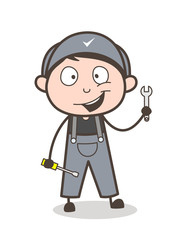 Cartoon Happy Mechanic with Repairing Tools Vector Illustration