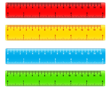 Color school measuring rulers in centimeters and inches vector set. Stationery color ruler tool illustration