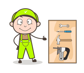 Cartoon Man Showing Many Tools to Choose Vector Concept