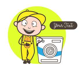 Cartoon Mechanic Standing with Washing Machine Vector