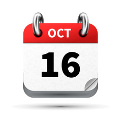 Bright realistic icon of calendar with 16 october date isolated on white