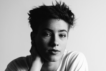 Studio portrait of beautiful shorthair woman