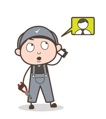 Cartoon Mechanic Dealing with Client on Phone Vector Illustration