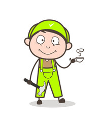 Cartoon Mechanic with Hot Tea Vector Illustration