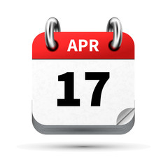 Bright realistic icon of calendar with 17 april date isolated on white