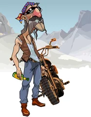Foto op Plexiglas Cartoon male biker with a bottle next to a motorcycle © westamult