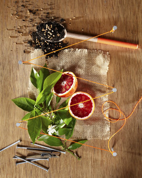 Still life of cut grapefruit and leaves with seeds on warm wood surface