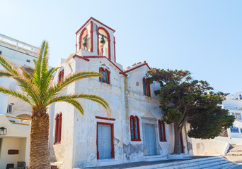 Fototapeta na wymiar Courtyard of the St. Gerasimos Christian Church in famous Greek resort Fira, Santorini island, Greece, Europe.