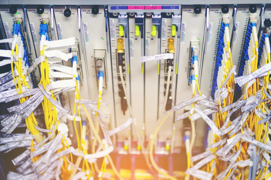 Optical fiber and card equipment background in telecommunications optical select focus. fiber type LC-PC connect to card interfaces are used in DWDM Network