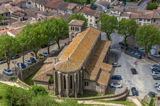 A view of a roof of Church Saint Gimer in Carcassone France on a sunny day from the castle