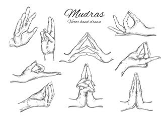 Vector hand drawn set of 9 mudras. Isolated on white. Yoga. Spirituality - obrazy, fototapety, plakaty