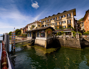 The pier and houses of Cannero Riviera - Cannero Riviera , Lake Maggiore, Lombardy, Italy, Europe
