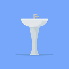 Ceramic washbasin isolated on blue background. Flat style icon. Vector illustration.