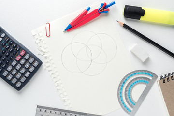 School stationery and office suppiles math concept.