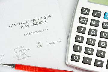 Invoice paper for business document check and calculate