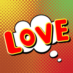Vector illustration in a retro pop art style. LOVE text in a thought bubble on a dot colored background.