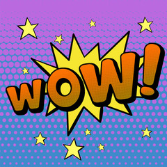 Vector illustration in a retro pop art style. WOW text on a dot colored background.