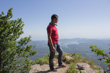 Fototapeta premium Travel adventure and hiking activity In the mountains, active and healthy lifestyle on summer vacation and weekend tour