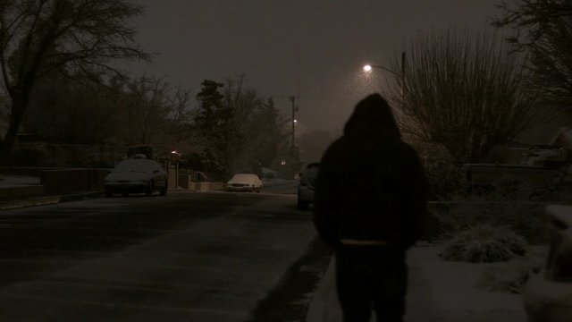 A Man Walking Away From Camera At Night In A Snow Storm In A Urban City