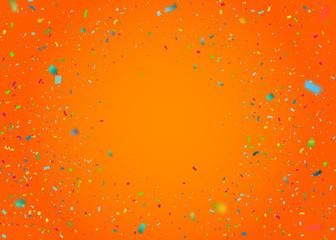 Colorful confetti falling randomly. Abstract orange background with explosion particles. Vector illustration can be used for greeting card, carnival, celebration.