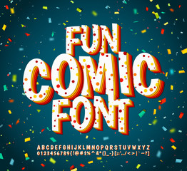 Colorful comic font on blue background with multicolored confetti. Alphabet in style of comics, pop art. Multilayer funny letters for decoration of kids' illustrations, greeting card, posters, banners