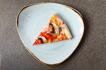 Slice of pizza on plate.