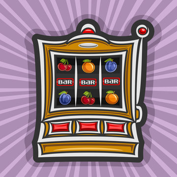 Vector poster for Slot Machine: gambling logo for online casino on rays of light background, gamble sign with isolated vintage slot machine, on reel: lucky symbol of jackpot 3 bar in a row & fruits.