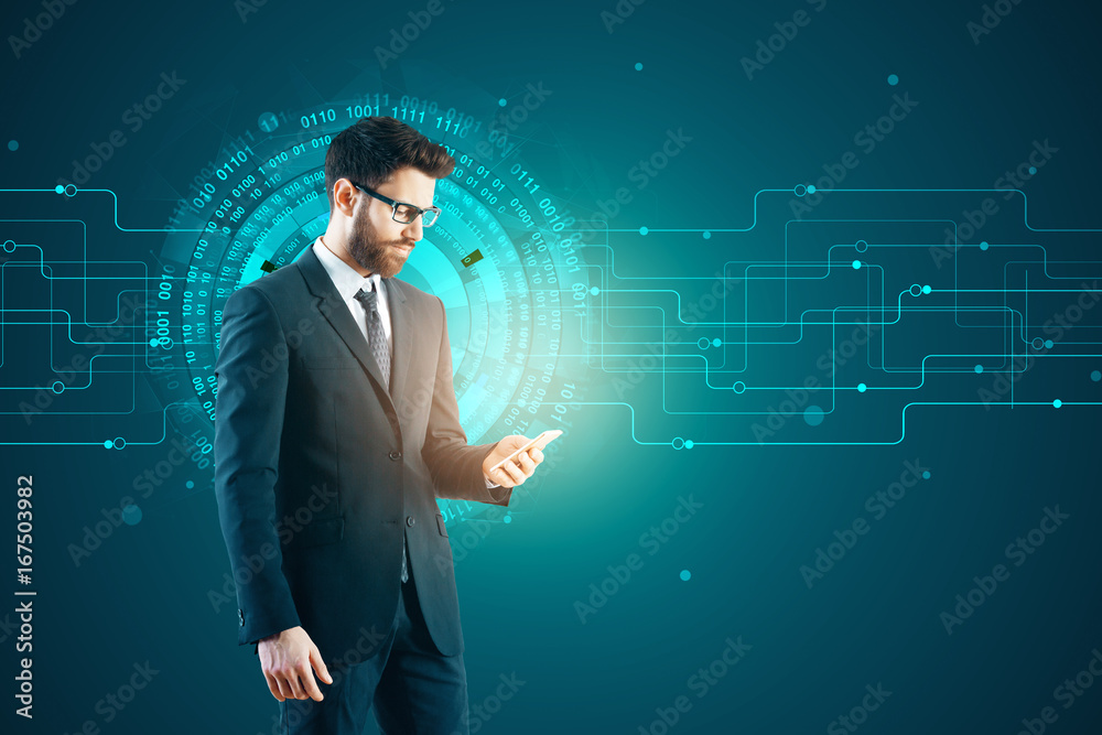 Poster Man using smartphone with hologram