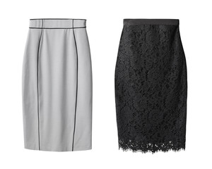 2 office pencil business skirt s with black lace and gray cotton isolated on white
