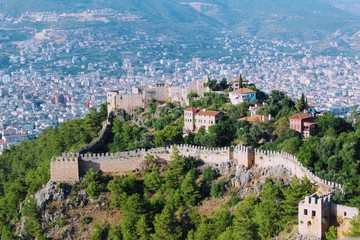 View of Alanya Castle and the city from the highest point of the terrain (Alanya, Turkey).