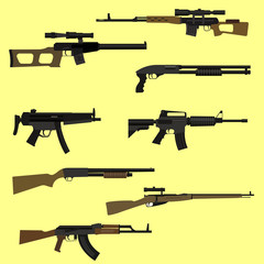 Firearm set. Automatic rifle, machine gun. Flat design. Vector illustration