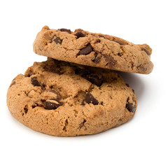 Two Chocolate chip cookies isolated on white background. Sweet biscuits. Homemade pastry.