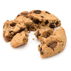 One broken Chocolate chip cookie isolated on white background. Sweet biscuit crumbs. Homemade pastry.