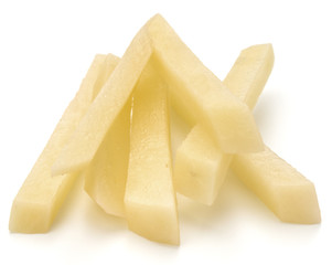 Raw Potato sliced strips prepared for French fries isolated on white background