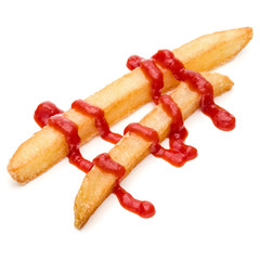 French Fried Potatoes with ketchup isolated on white background