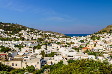 Fototapeta na wymiar The picturesque Greek Islands. View of Skala village, the capital of Patmos island, Dodecanese, Greece