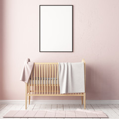 Fototapeta na wymiar Mockup poster in the children's room in pastel colors. Scandinavian style. 3d illustration.