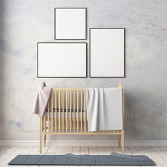 Mockup poster in the children's room in pastel colors. Scandinavian style. 3d illustration. © shuruev