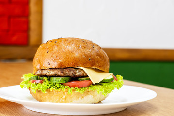 hamburger on a table in a cafe