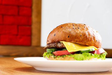 hamburger on a table in a cafe