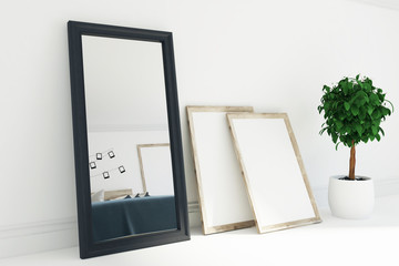 Mirror and posters in a room, plant