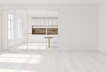 White kitchen interior, blank wall