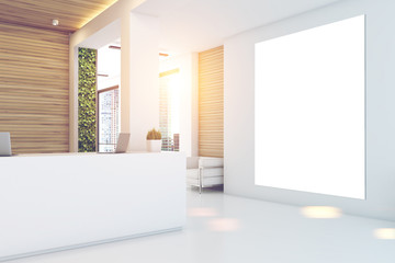 Gray and wooden office, reception, poster