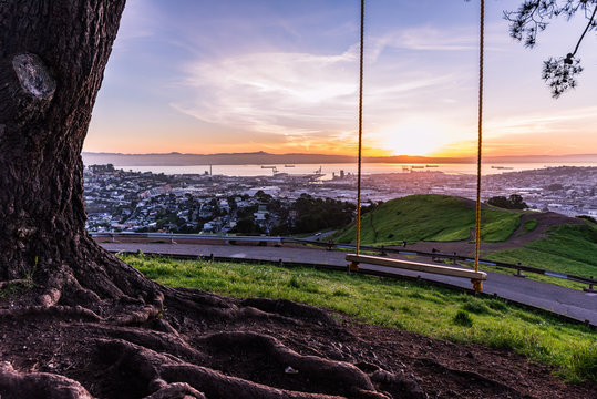 San Francisco and the rope swing at Bernal Heights.