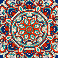 Round symmetrical pattern in blue, red, white and black colors. Mandala. Kaleidoscopic design. Cinco de mayo