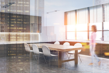 Wooden kitchen interior, dark, girl, corner
