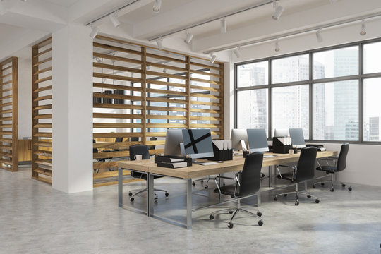 Open office interior with plank walls