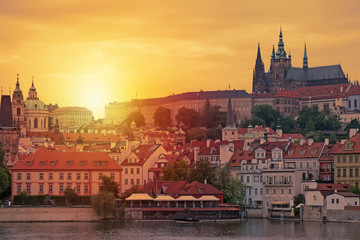 Naklejka premium Prague, sunset view of Prague Castle and Saint Vitus cathedral in Czech Republic.