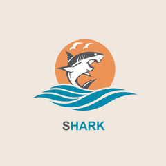 icon of angry shark with sea waves